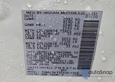 2020 Nissan Rogue S z USA, uszkodzony, nr VIN 5N1AT2MT4LC793376